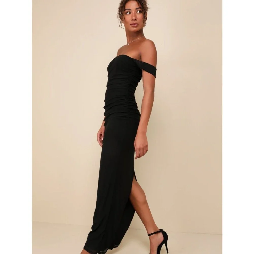 Lulus Black Mesh Ruched Column Maxi Dress